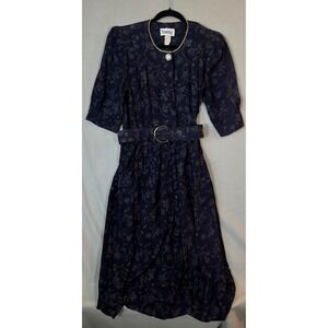 Vintage 80s Navy Secretary Dress M Belt Necklace A-Line Acetate Floral Retro